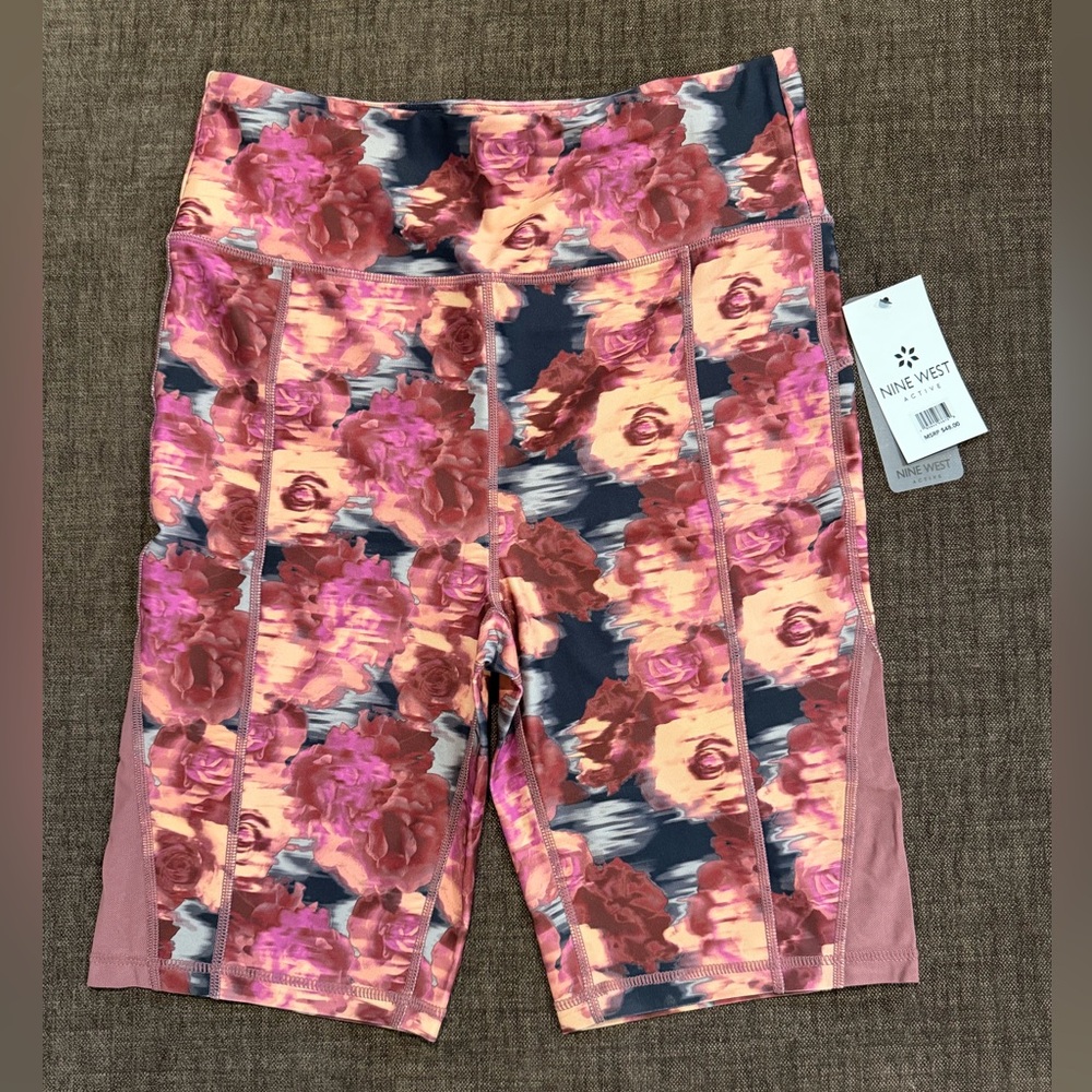 Nine West Pink Floral High-Rise Biking Shorts NWT Size L